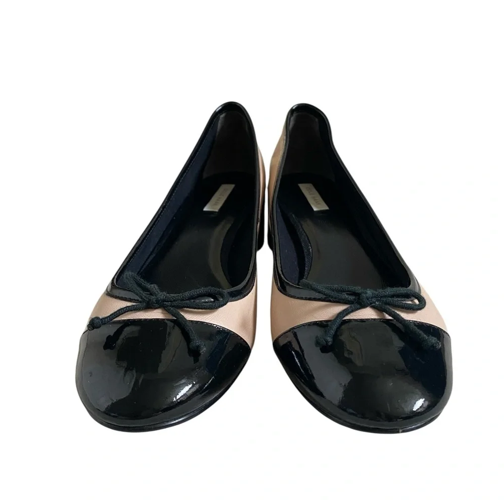 Cole Haan Leather Ballet Classic Patent Cap Toe Block Heel Black Cream Pump 8.5